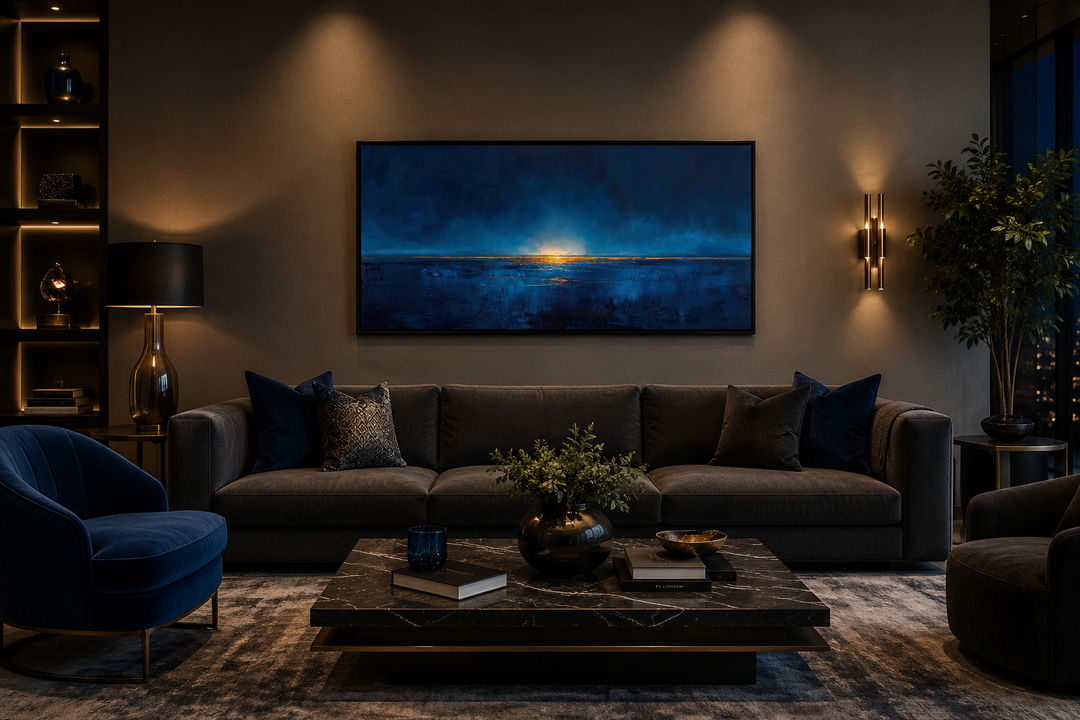 Framed abstract navy blue and gold ocean horizon canvas wall art above a dark grey sofa.