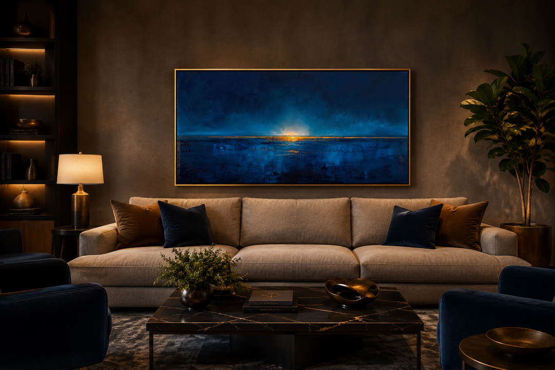 Abstract navy blue and gold ocean painting in a gold frame above a beige sofa in a dark living room.