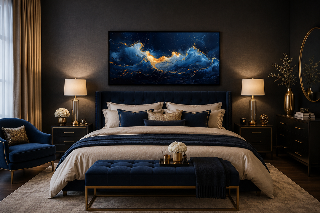 Abstract navy blue and gold ocean wave canvas art hanging above a bed in a modern bedroom.