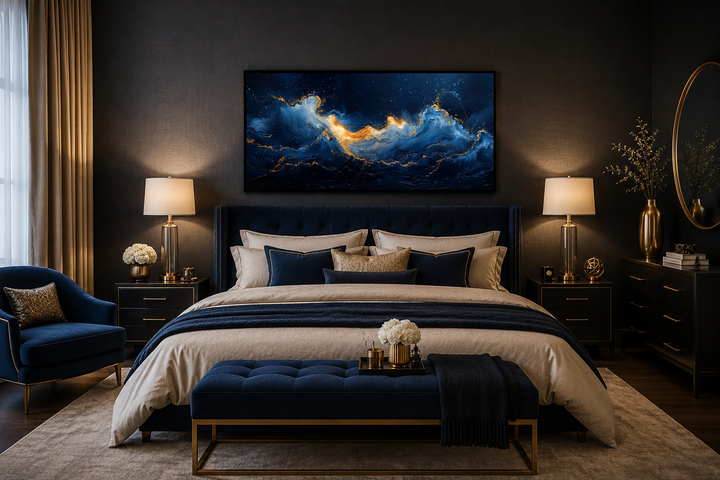 Abstract navy blue and gold ocean wave canvas art hanging above a bed in a modern bedroom.