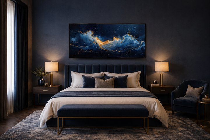 Abstract navy blue and gold ocean wave canvas wall art hanging above a bed in a modern bedroom.