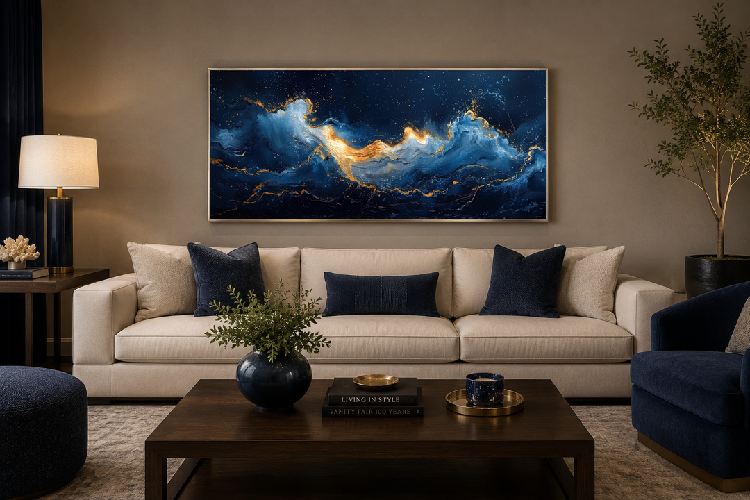 Navy Blue Gold Nautical Wall Art – Abstract Ocean Wave Canvas for Mens – Wall Decor Delights