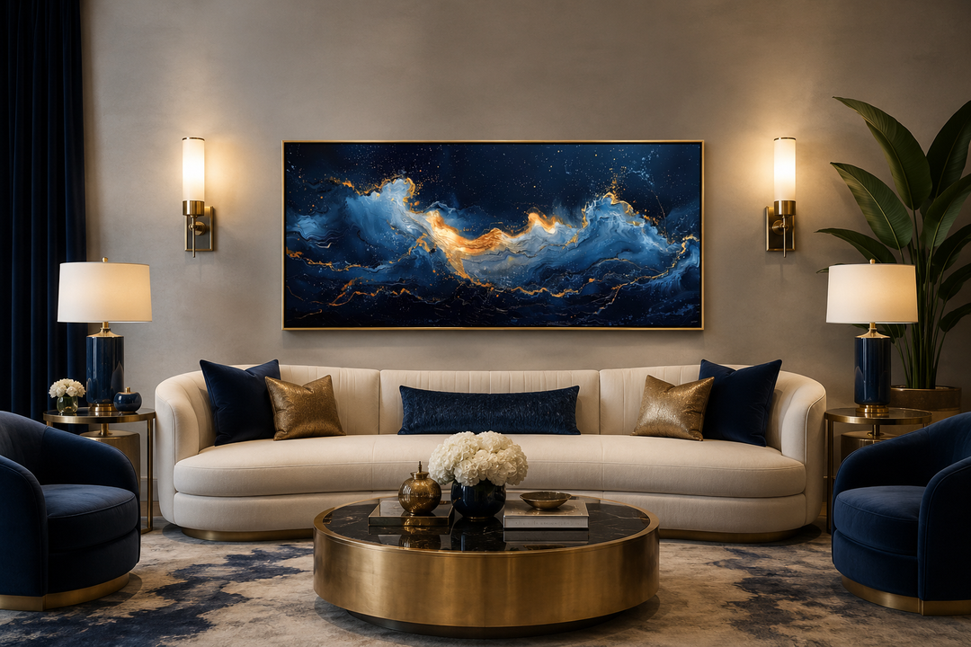Navy blue and gold abstract ocean wave canvas wall art hanging above a white sofa in a living room.