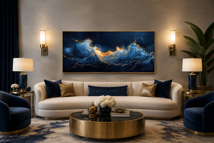 Navy blue and gold abstract ocean wave canvas wall art hanging above a white sofa in a living room.