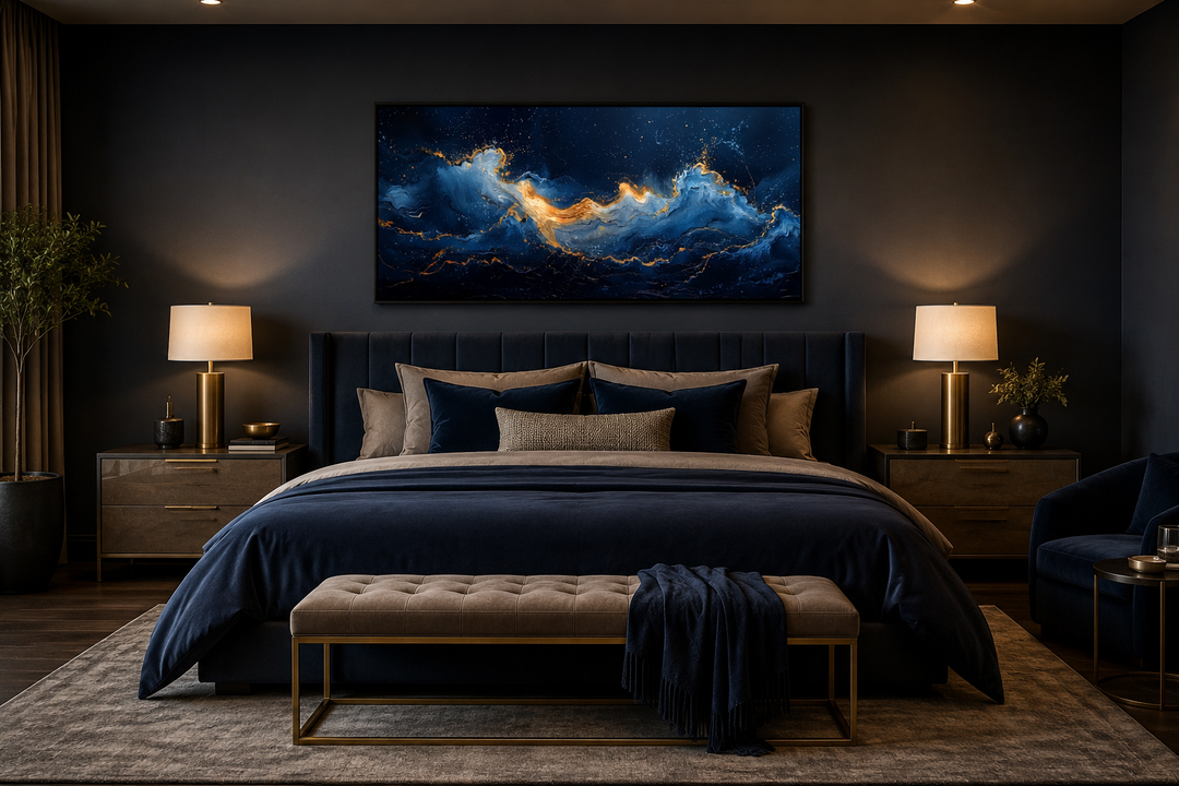 Abstract navy blue and gold ocean wave canvas art displayed above a bed in a modern bedroom.