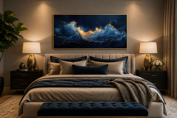 Abstract navy blue and gold ocean wave canvas art hanging above a bed in a modern bedroom.
