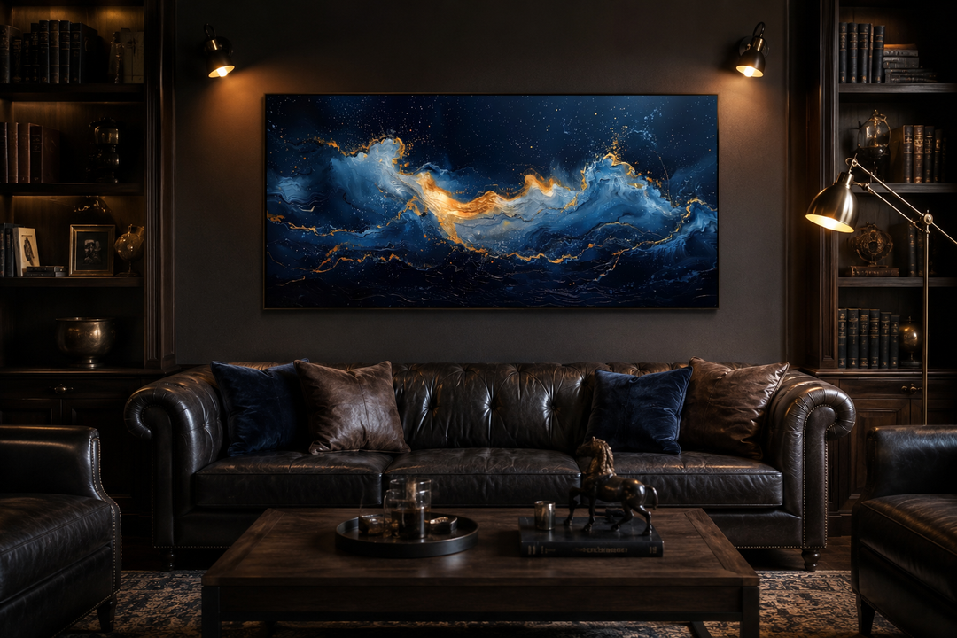 Abstract navy blue and gold ocean wave canvas wall art hanging above a dark leather sofa.