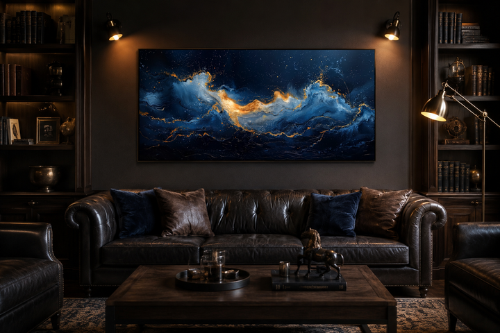 Abstract navy blue and gold ocean wave canvas wall art hanging above a dark leather sofa.