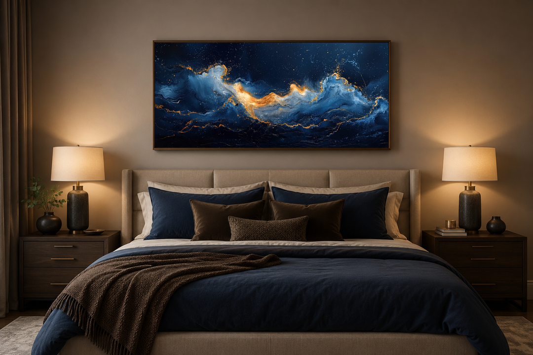 Abstract navy blue and gold ocean wave canvas wall art hanging above a bed in a modern bedroom.