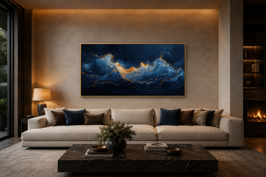 Abstract navy blue and gold ocean wave canvas wall art above a cream sofa in a modern living room.