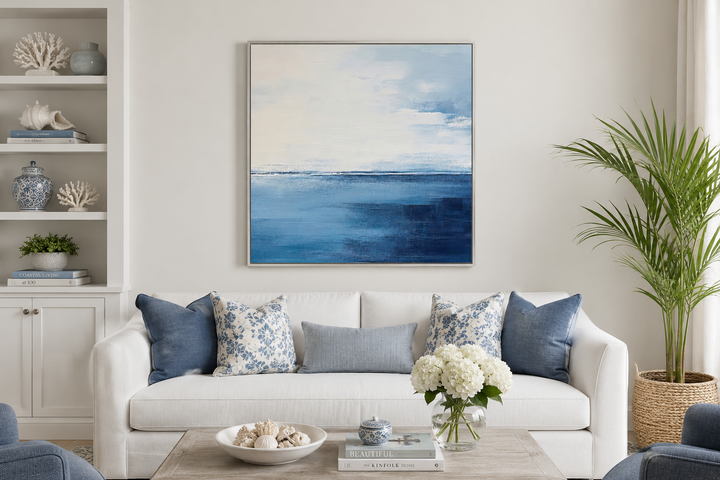 Abstract square framed canvas wall art featuring an ocean horizon in navy blue, grey, and silver.