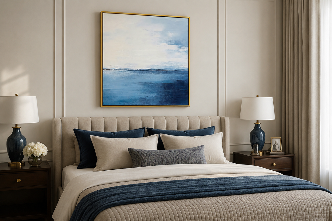 Abstract ocean square framed canvas wall art with navy blue, grey, and silver tones above a bed.