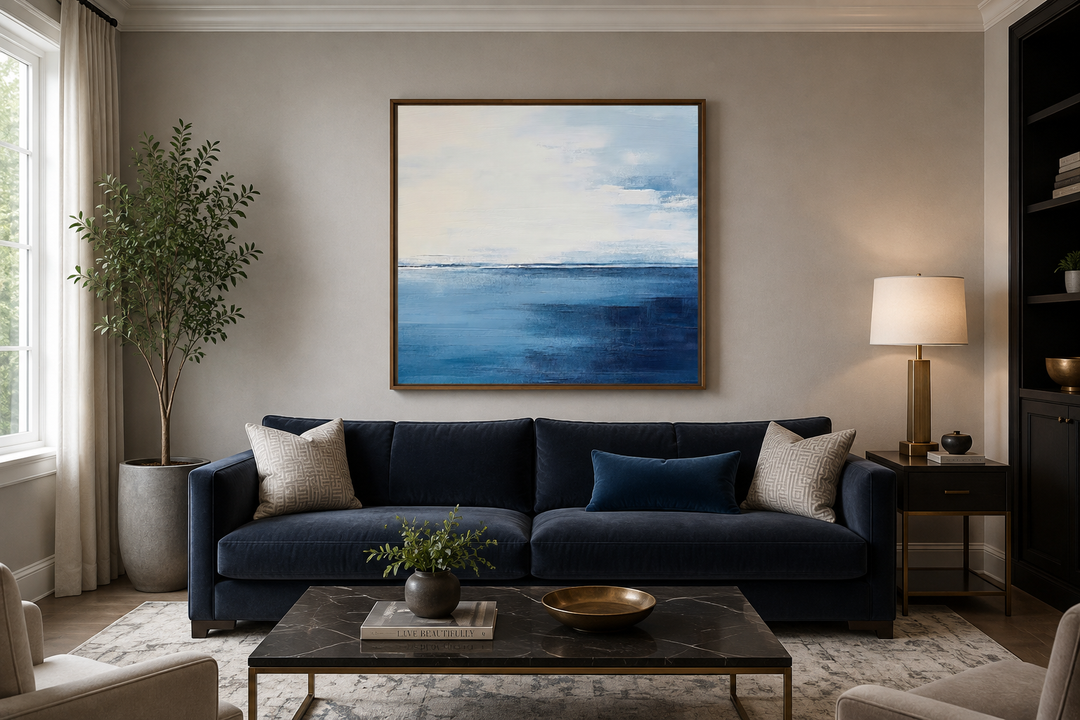 Abstract ocean square framed canvas wall art in navy blue, grey, and silver above a blue sofa.