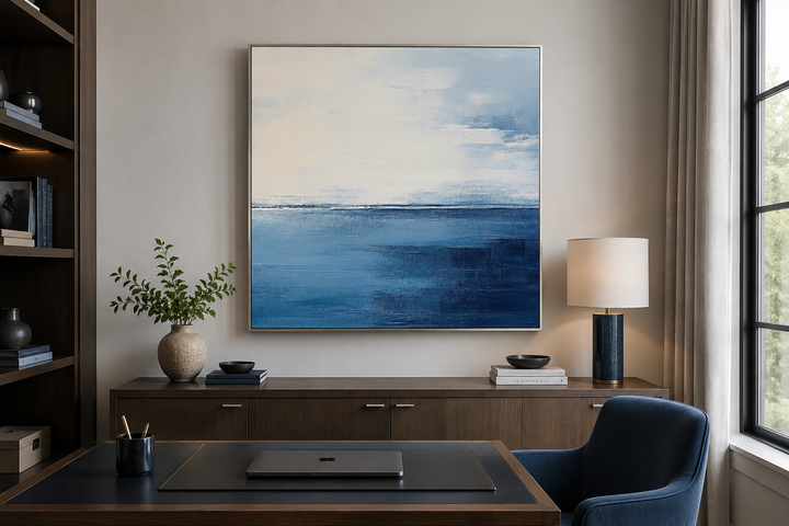 Abstract square framed canvas wall art featuring an ocean horizon in navy blue, grey, and silver.
