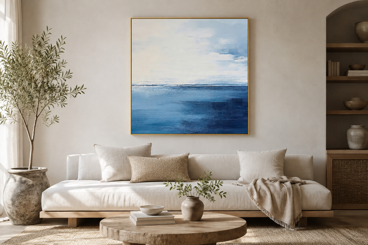 Square framed abstract ocean canvas art with navy blue, grey, and silver tones above a white sofa.