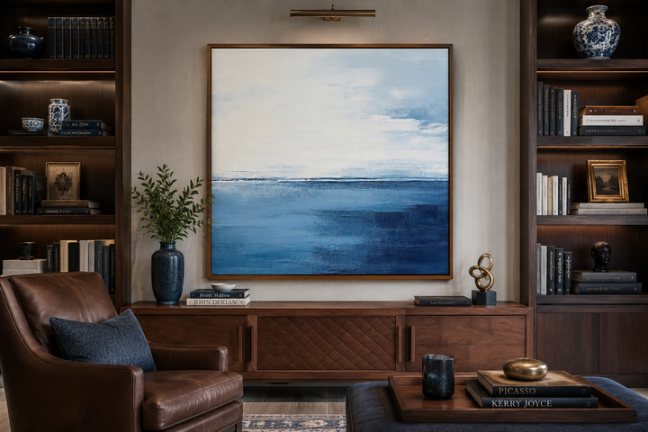 Abstract square framed canvas wall art featuring an ocean horizon in navy blue, grey, and silver.