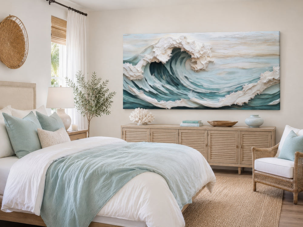 Abstract 3D effect teal ocean wave framed canvas wall art hanging above a wooden dresser in a bedroom