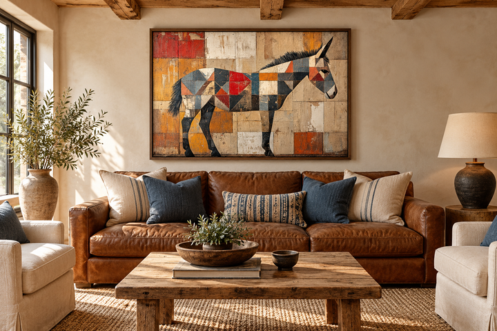Abstract primitive donkey canvas wall art with geometric shapes in a rustic Southwestern living room.