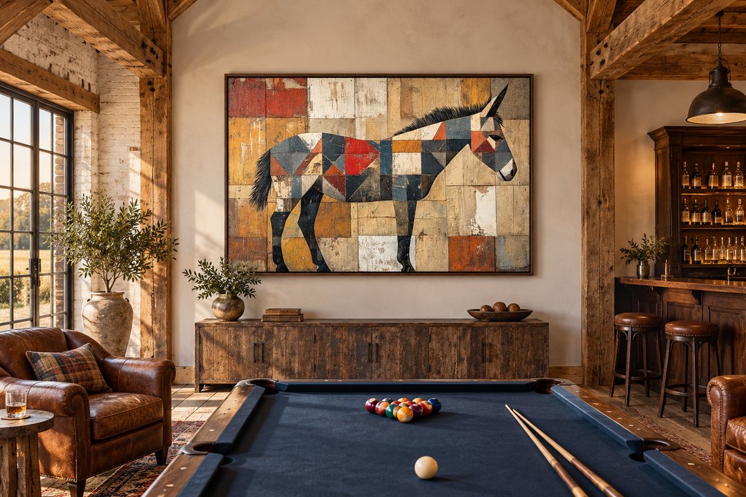 Abstract primitive donkey canvas wall art in a rustic room with a pool table and leather chair.