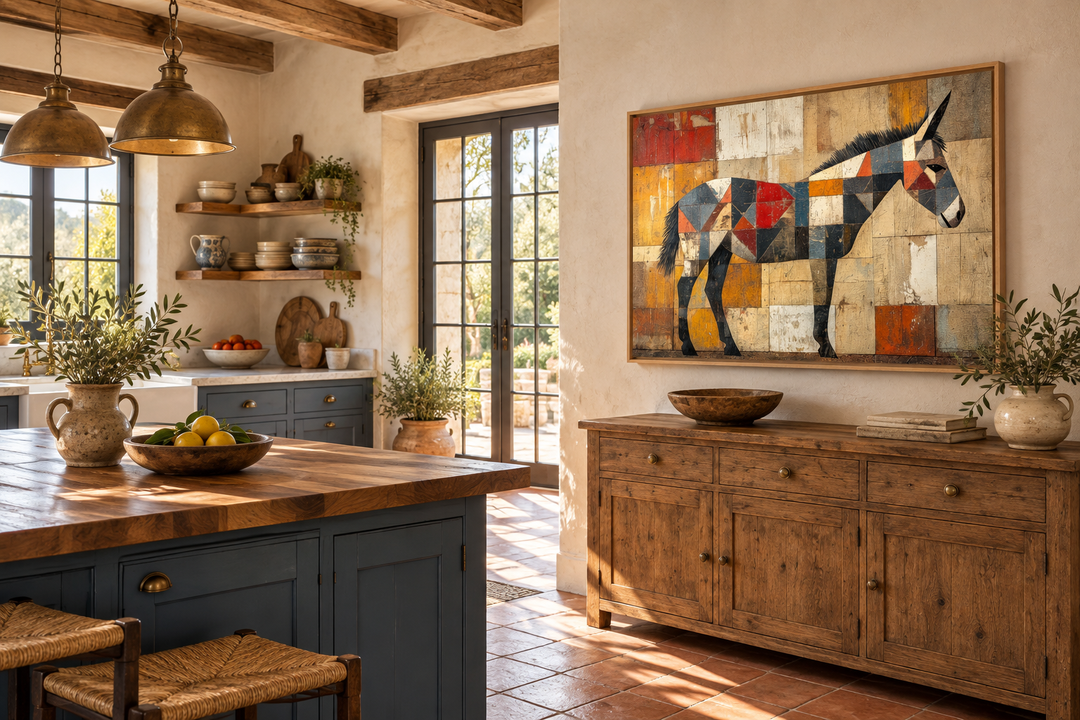 Abstract primitive donkey canvas wall art with geometric shapes in a rustic Southwestern kitchen.