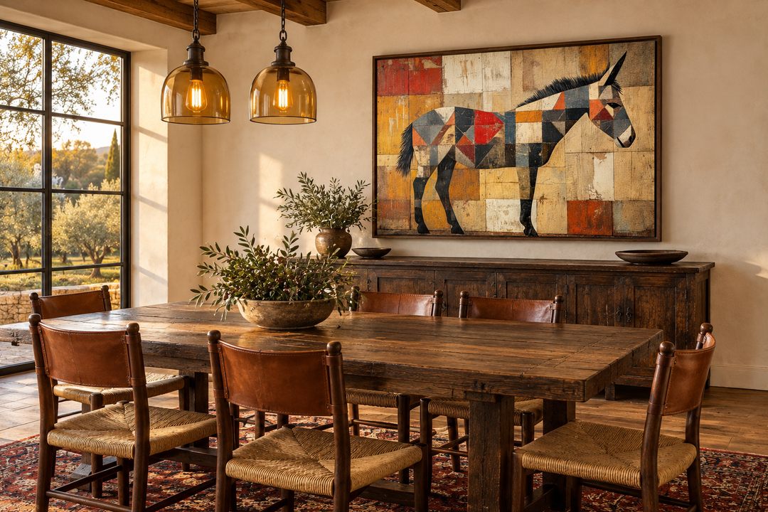 Abstract primitive donkey canvas wall art with geometric shapes in a rustic dining room.