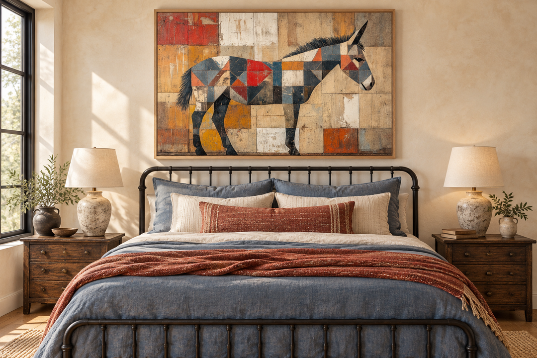 Abstract primitive donkey canvas wall art in a rustic bedroom with Southwestern decor.