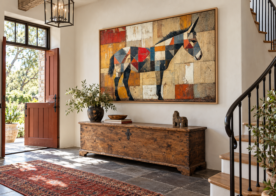 Abstract primitive donkey canvas wall art with geometric shapes in a rustic Southwestern entryway.