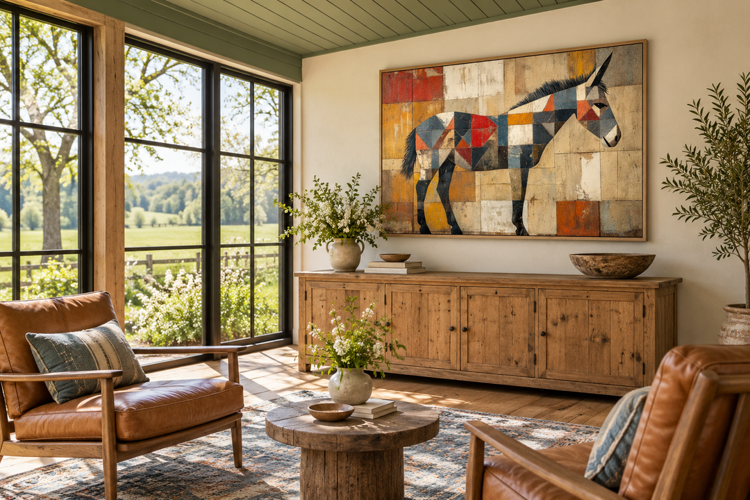 Abstract primitive donkey canvas wall art with geometric shapes in a rustic Southwestern style.