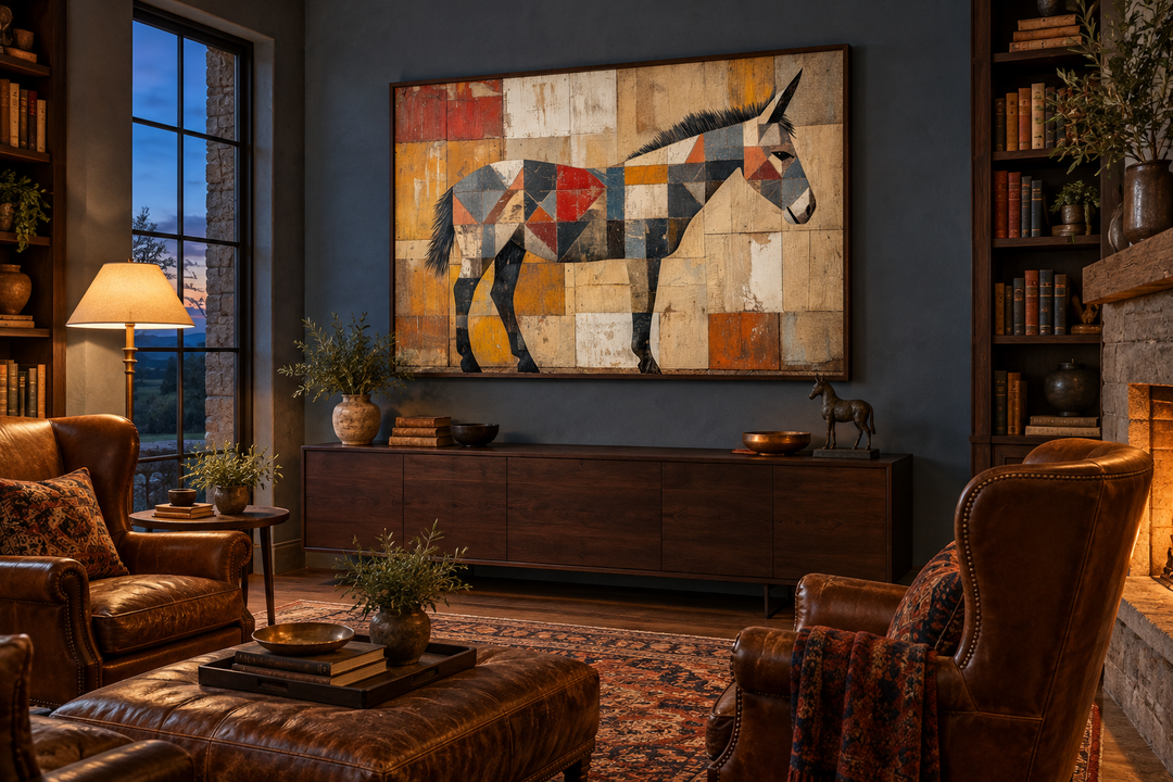 Abstract primitive donkey canvas wall art with geometric shapes in a rustic Southwestern room.