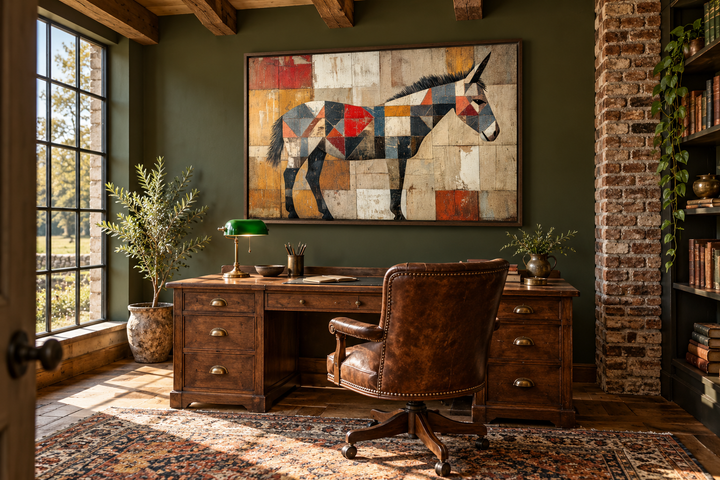 Abstract primitive donkey canvas wall art with geometric patterns in a rustic home office setting.