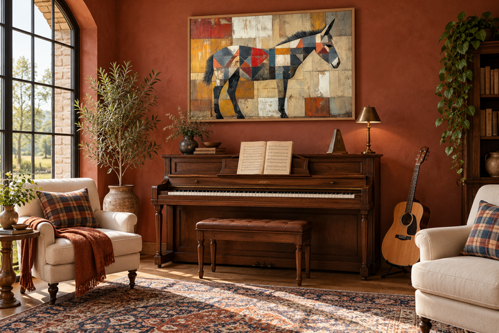 Abstract primitive donkey canvas wall art in a rustic Southwestern style room above a piano.