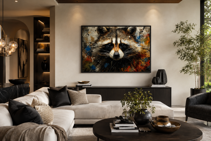 Raccoon modern pop art framed canvas wall art in a contemporary living room setting.