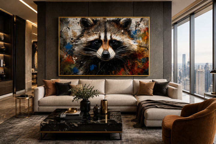 Raccoon modern pop art framed canvas wall art displayed above a sofa in a contemporary living room.
