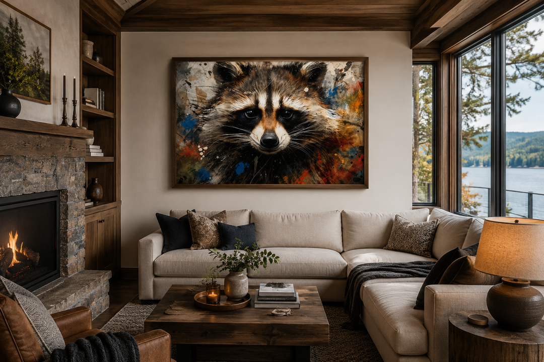 Framed horizontal canvas featuring a colorful pop art raccoon portrait in a rustic living room.