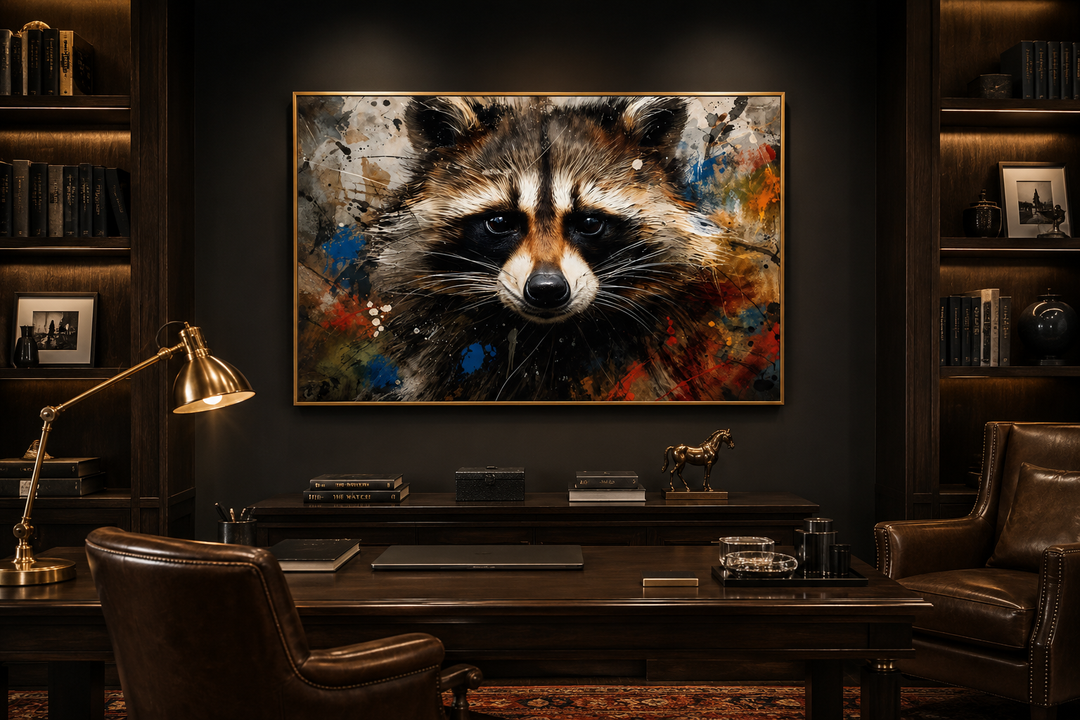 Framed raccoon pop art canvas with vibrant paint splatters hanging in a dark, modern office.