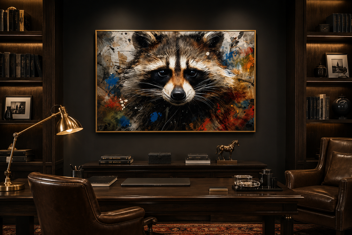 Framed raccoon pop art canvas with vibrant paint splatters hanging in a dark, modern office.
