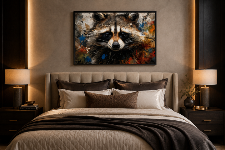 Framed raccoon pop art canvas above a bed in a modern bedroom with warm lighting.