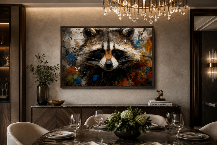 Framed horizontal canvas wall art featuring a colorful pop art raccoon portrait in a dining room.