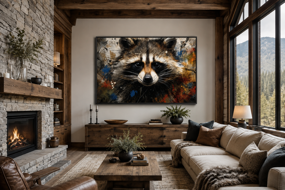 Raccoon modern pop art framed canvas wall art displayed in a rustic cabin living room.