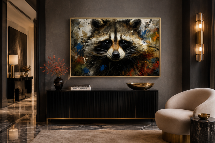 Framed horizontal canvas featuring a modern pop art raccoon portrait with colorful paint splatters.