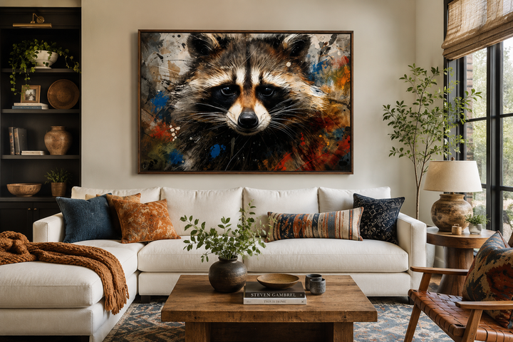 Raccoon modern pop art framed canvas wall art in a contemporary living room setting.