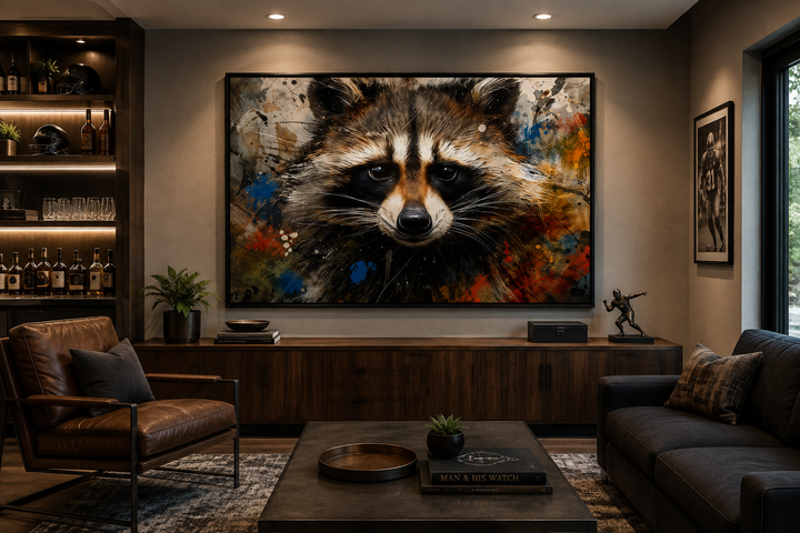 Framed horizontal canvas wall art featuring a colorful raccoon pop art portrait in a modern room.