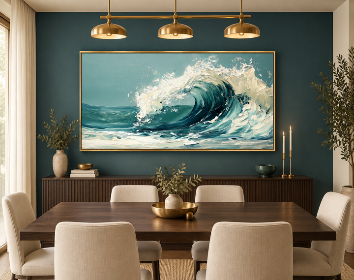 Abstract teal ocean wave framed canvas wall art hanging in a modern dining room.