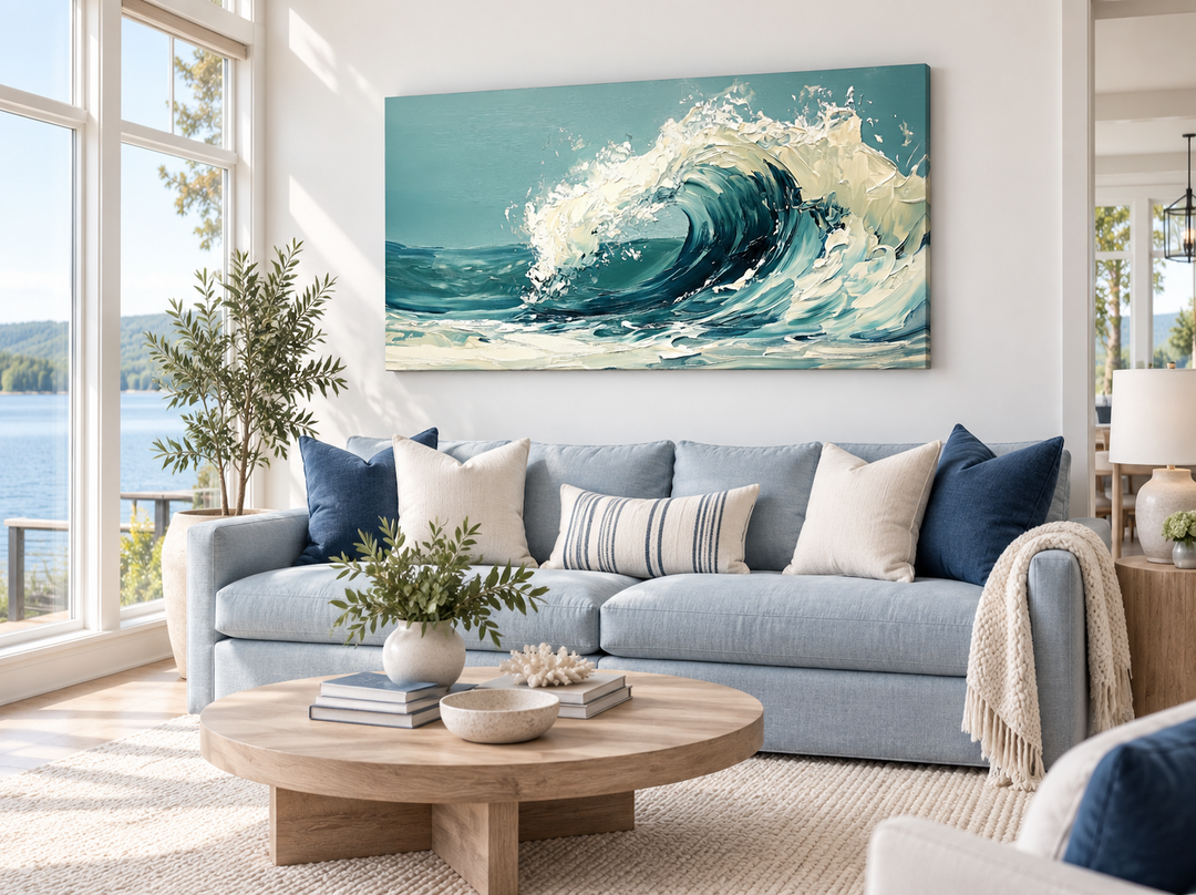 Abstract teal ocean wave framed canvas wall art hanging above a blue sofa in a coastal living room.