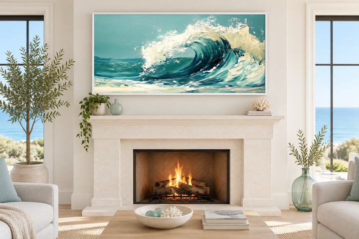 Abstract teal ocean wave framed canvas wall art hanging above a fireplace in a coastal living room.