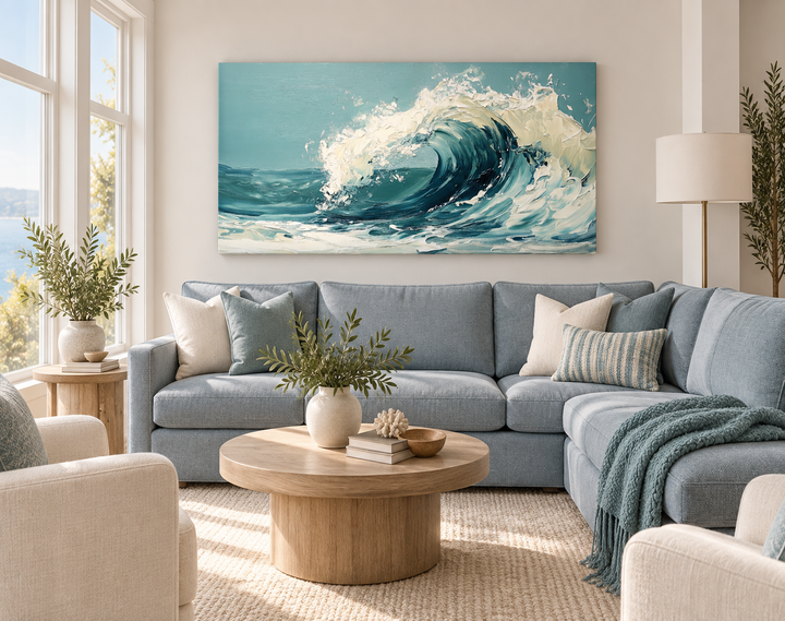 Abstract teal ocean wave framed canvas wall art hanging above a blue sectional sofa in a living room