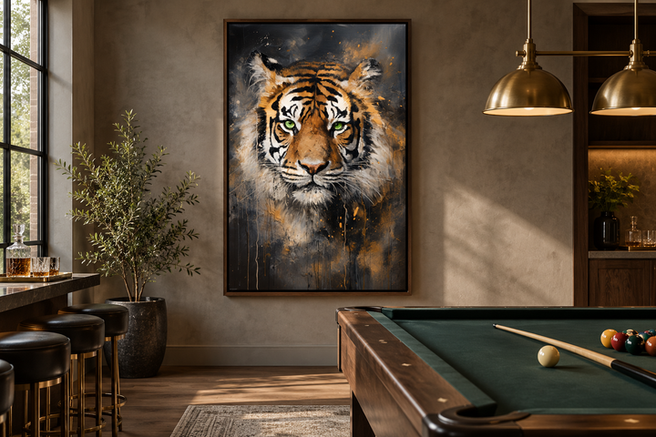 Colorful tiger abstract graffiti framed canvas wall art in a modern game room with a pool table.