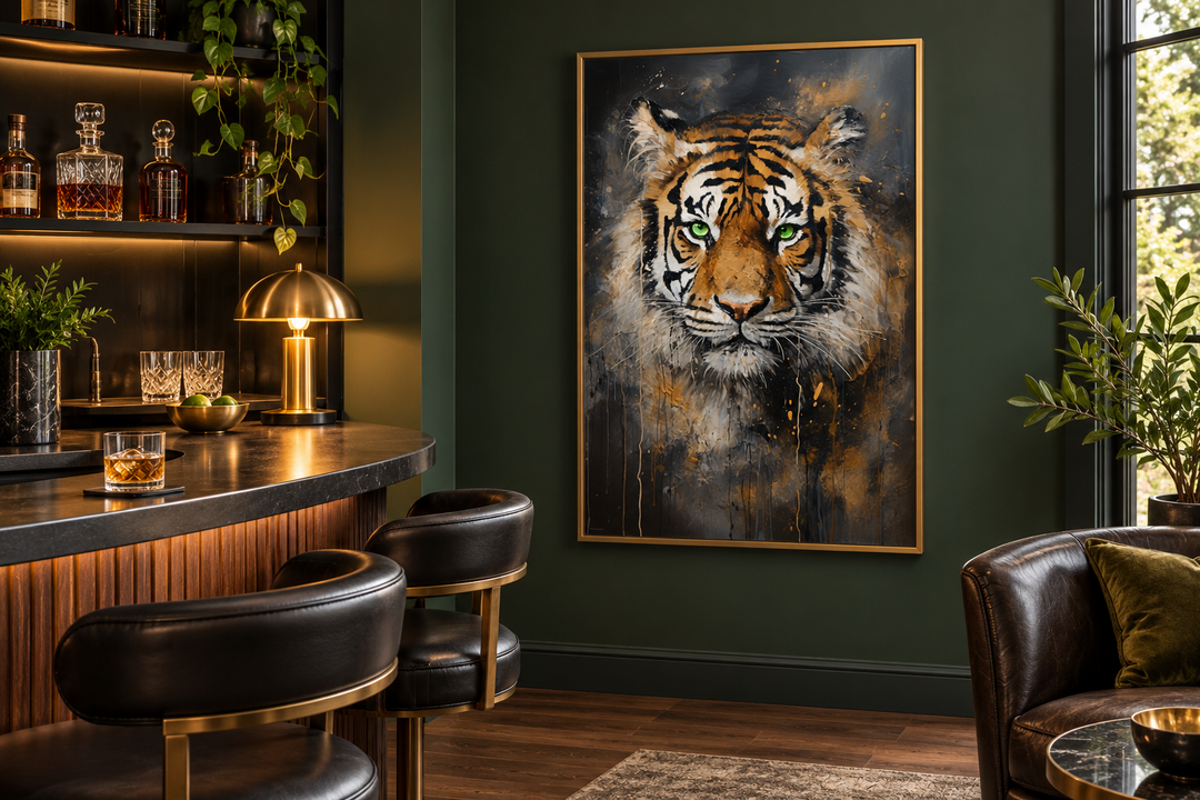 Colorful tiger abstract graffiti framed canvas wall art in a gold frame on a dark green wall.