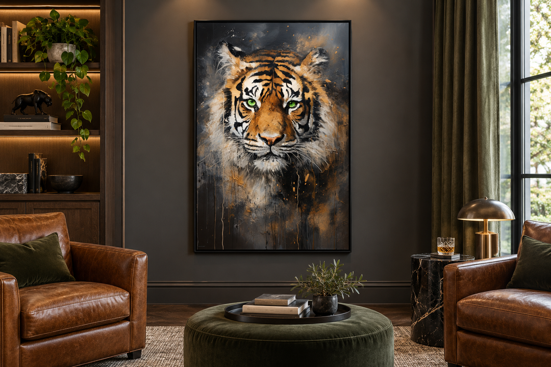 Large framed canvas wall art featuring a colorful abstract graffiti tiger in a modern lounge.
