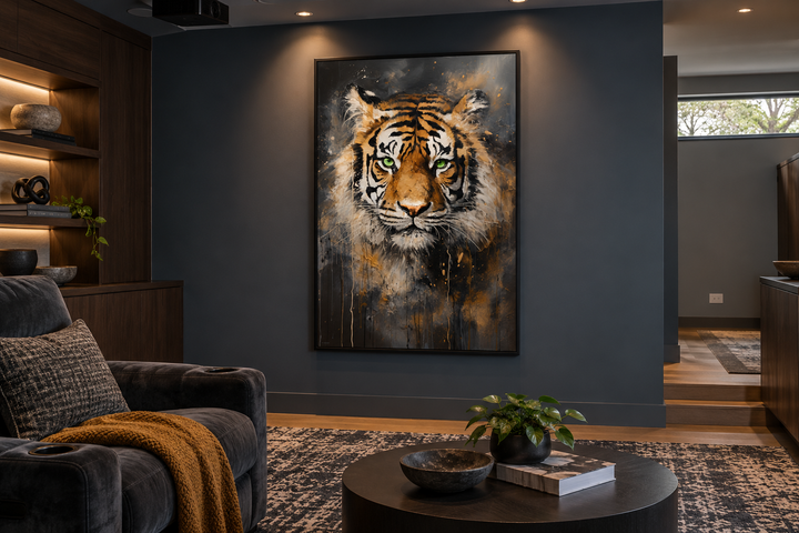 Colorful tiger abstract graffiti framed canvas wall art in a modern dark-toned media room.